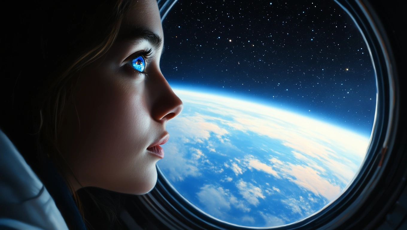 Ein Mädchen schaut durch ein Fenster einer Raumstation auf die Erde und den Sternenhimmel.