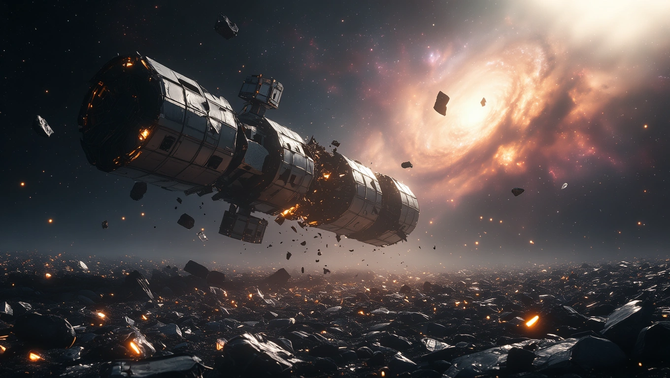 Eine futuristische Raumstation schwebt im Weltraum, umgeben von Asteroiden.