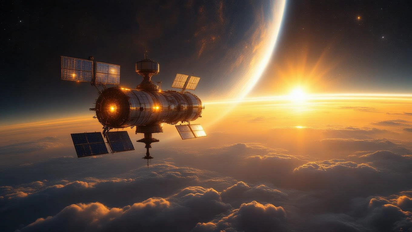 Eine futuristische Raumstation schwebt über den Wolken eines Planeten bei Sonnenaufgang.