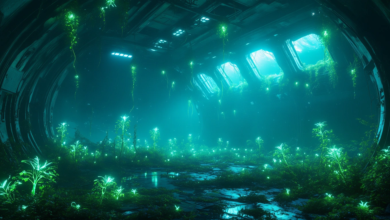 Ein verwilderter Raum in einer Raumstation, beleuchtet von sanftem, grünem Licht.