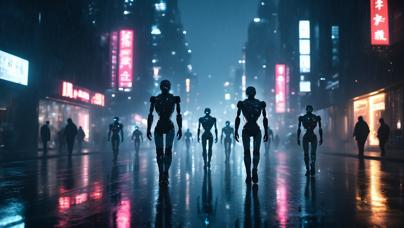 Eine Gruppe von Robotern geht durch eine neblige, neonbeleuchtete Stadtstraße.