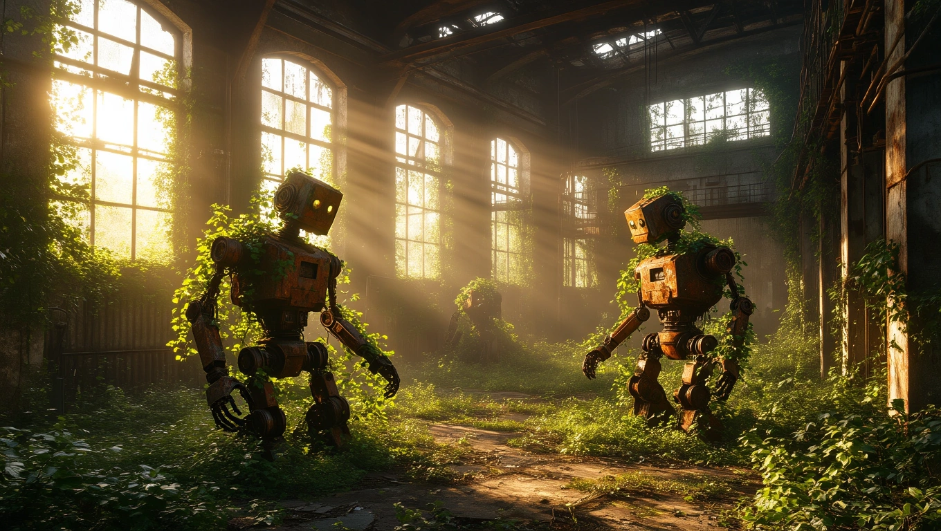 Zwei Roboter in einer verwilderten Fabrikhalle, umgeben von Pflanzen.