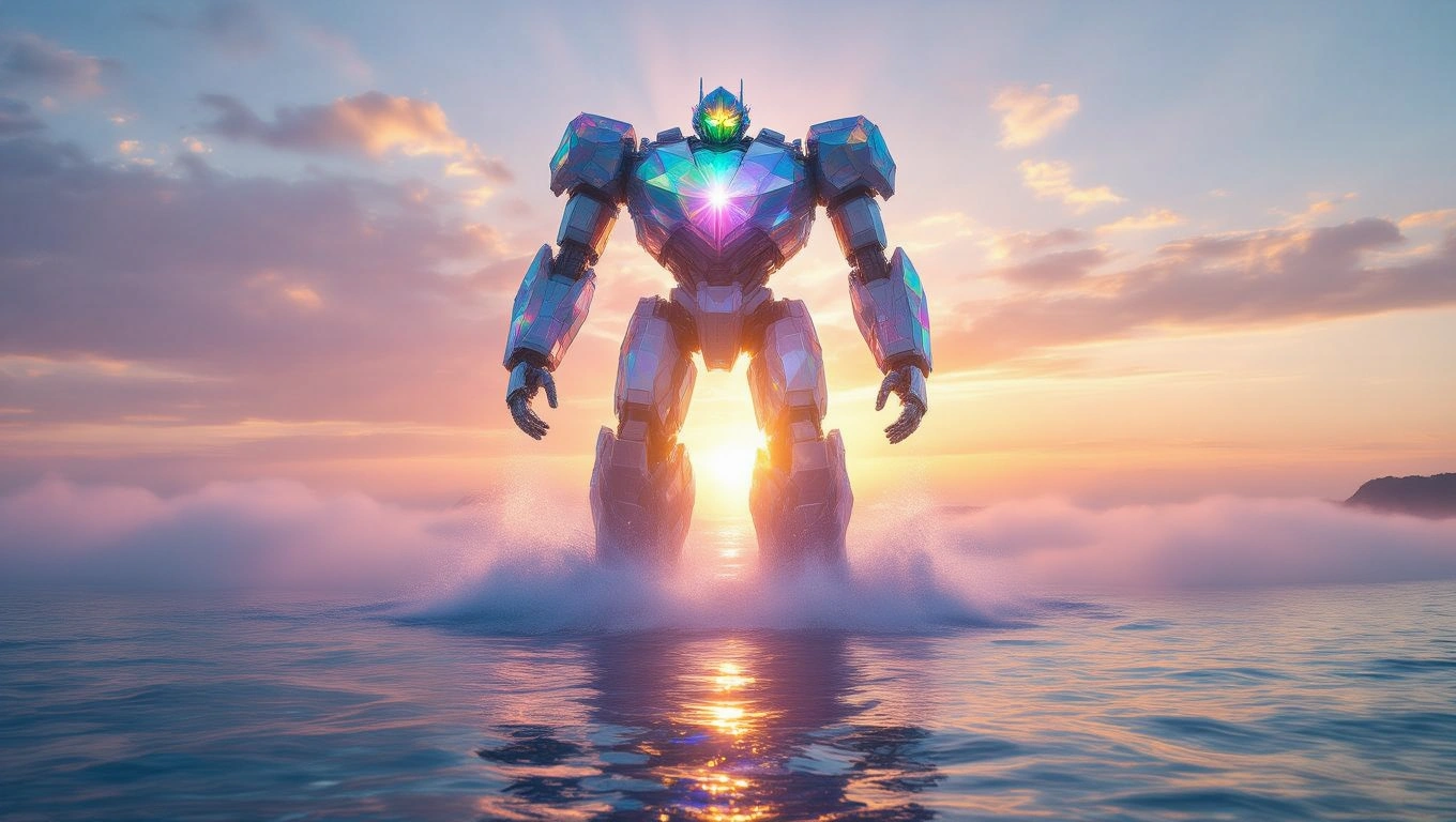 Ein futuristischer Roboter steht majestätisch im Wasser bei Sonnenuntergang.