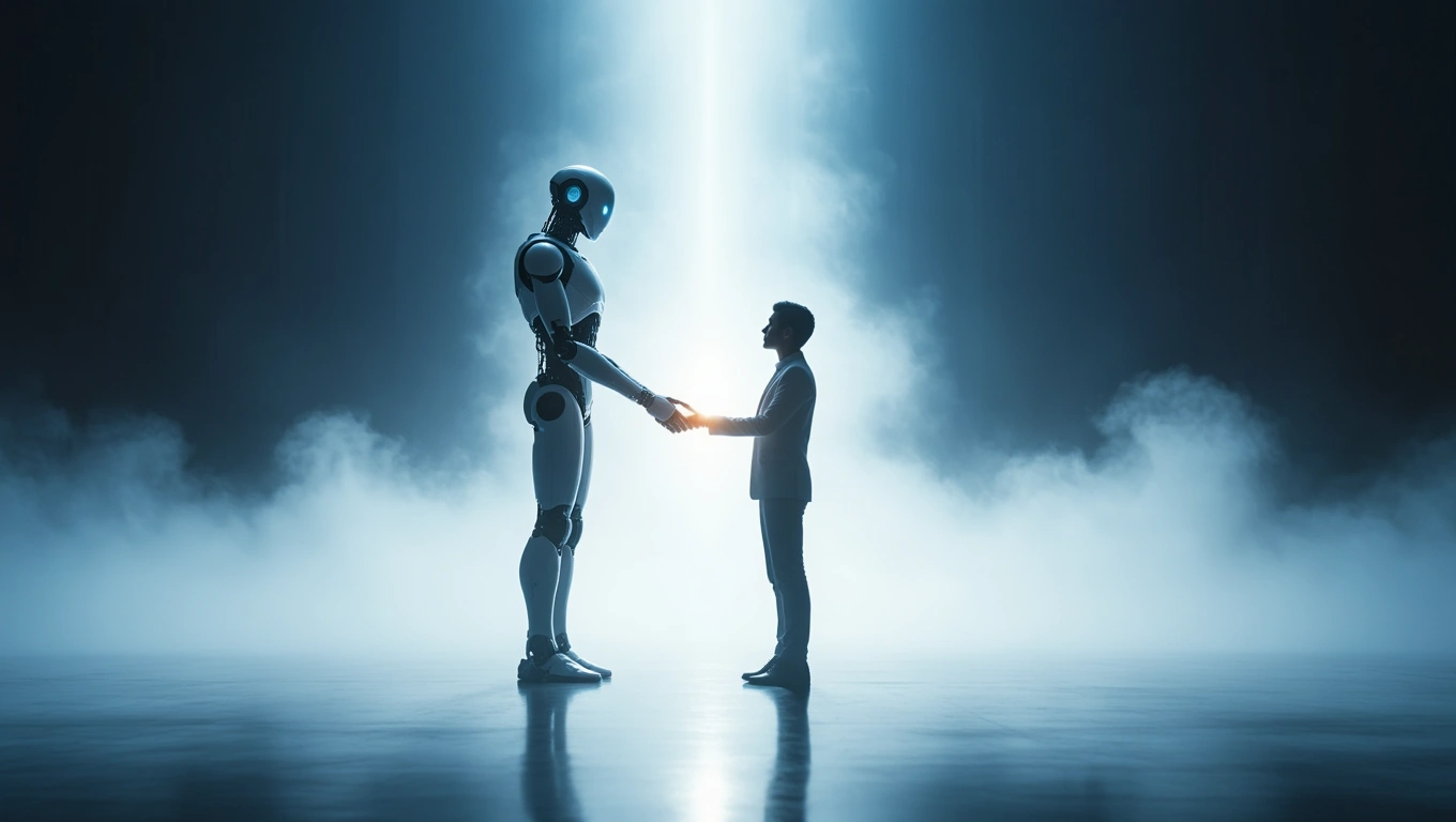 Ein Mensch und ein Roboter stehen sich gegenüber und halten sich an den Händen.