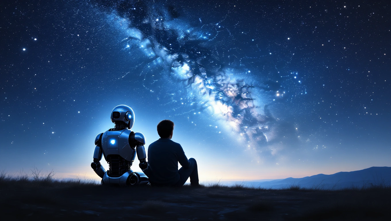 Ein Junge und ein Roboter sitzen unter einem sternenklaren Himmel.