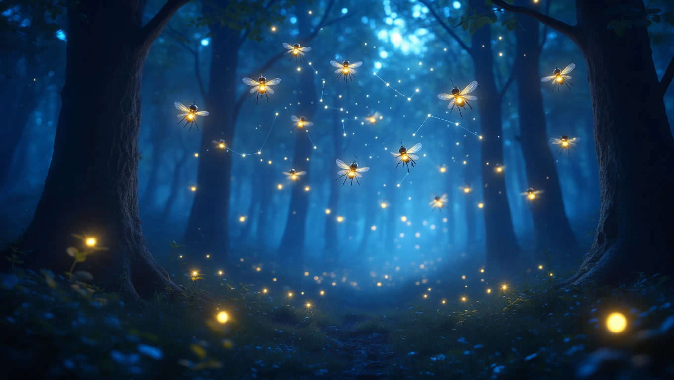 Ein mystischer Wald mit leuchtenden Insekten, die eine traumhafte Atmosphäre schaffen.