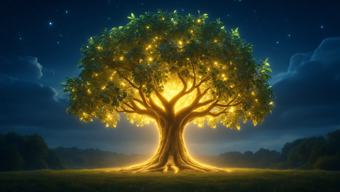 Ein leuchtender Baum unter einem sternenklaren Himmel, symbolisiert Träume und deren Bedeutung.