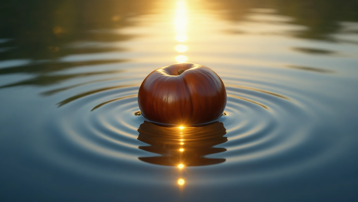 Eine Rosskastanie schwimmt auf ruhigem Wasser, umgeben von sanften Wellen.