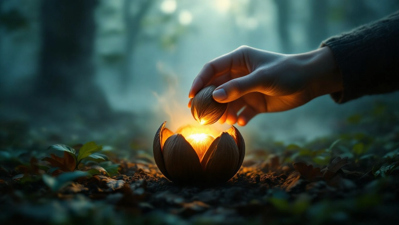 Eine Hand hält eine Rosskastanie über einer leuchtenden, blühenden Pflanze im Wald.