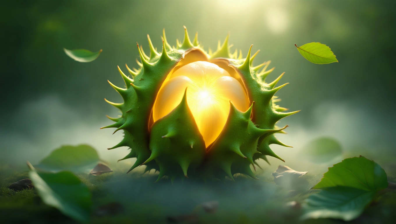 Eine leuchtende Rosskastanie in ihrer stacheligen Hülle, umgeben von sanften Blättern.