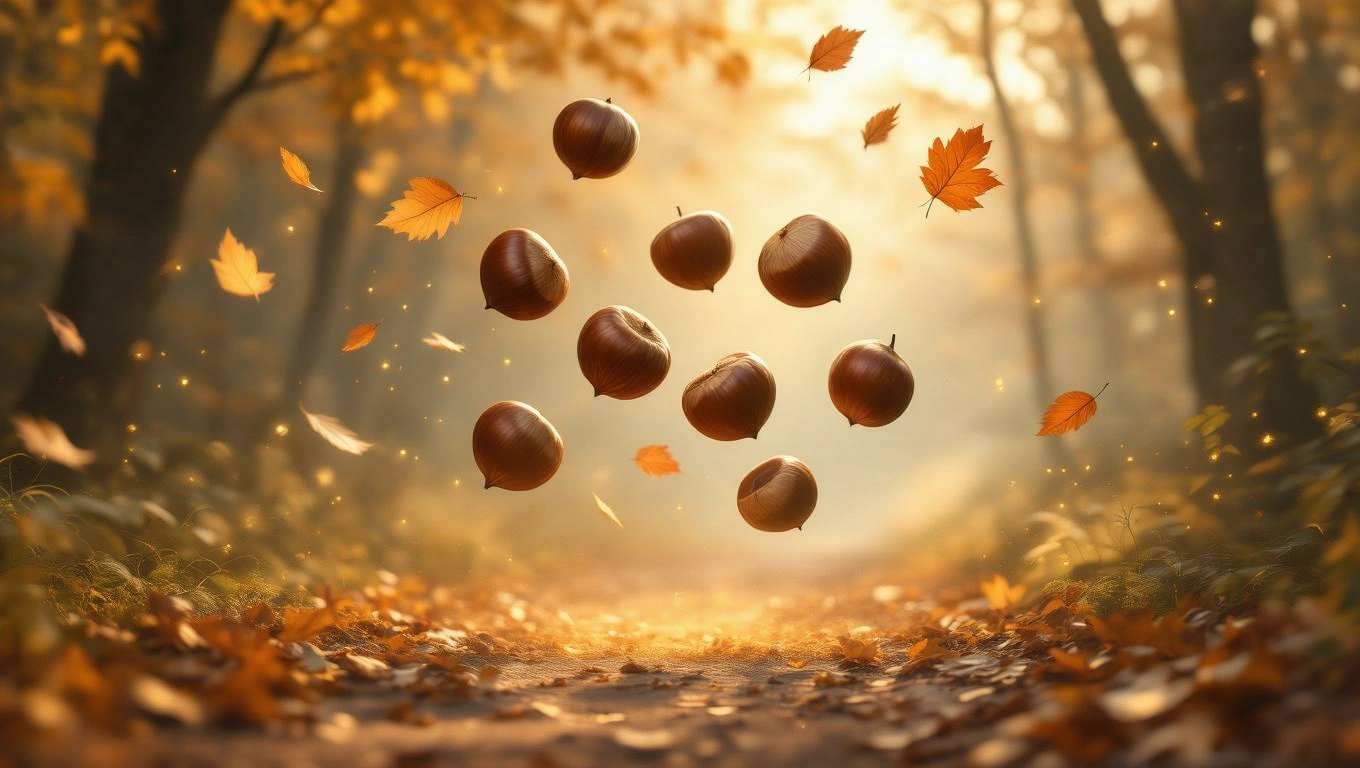 Eine Gruppe von schwebenden Rosskastanien in einem herbstlichen Wald.