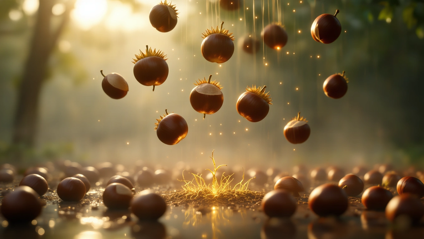 Schwebende Rosskastanien über einem leuchtenden Boden in einem mystischen Licht.