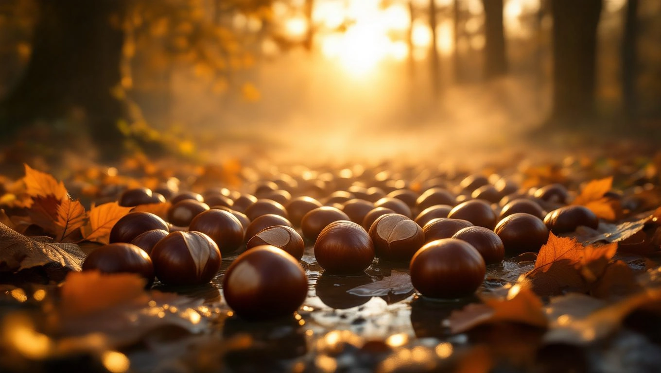 Eine Ansammlung von Rosskastanien auf einem herbstlichen Boden mit Laub.