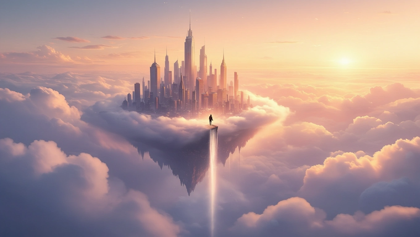 Eine Person steht am Rand einer schwebenden Plattform über Wolken, mit einer Stadt im Hintergrund.