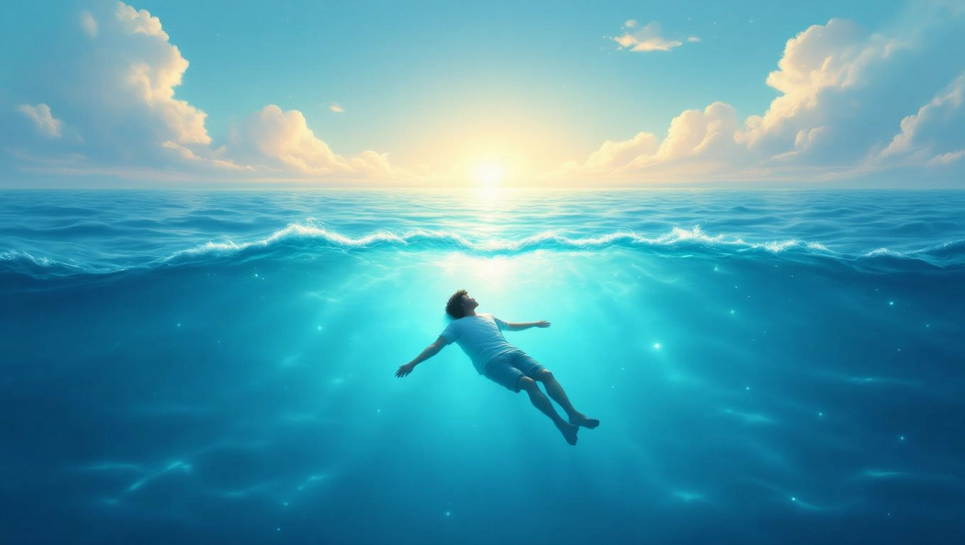 Ein Mensch schwebt entspannt auf der Wasseroberfläche unter einem klaren Himmel.