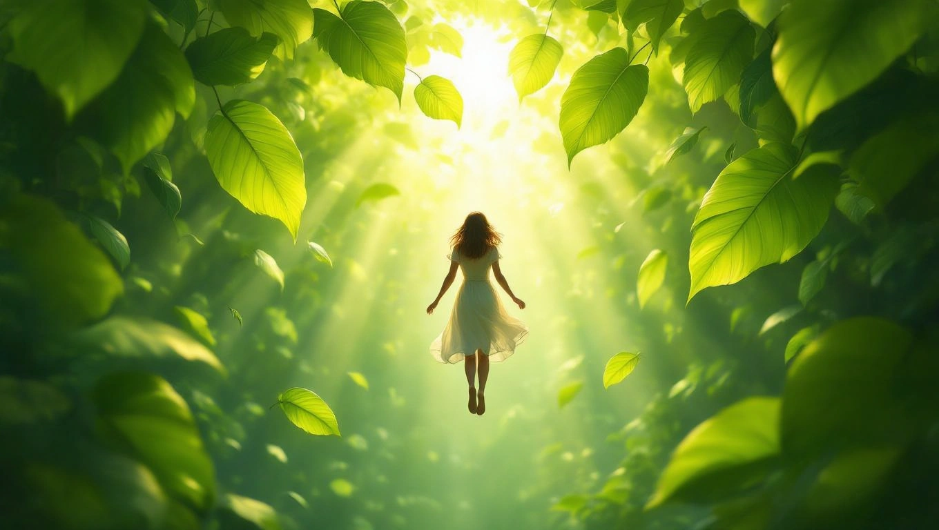 Eine schwebende Figur in einem grünen Wald, umgeben von leuchtenden Blättern.