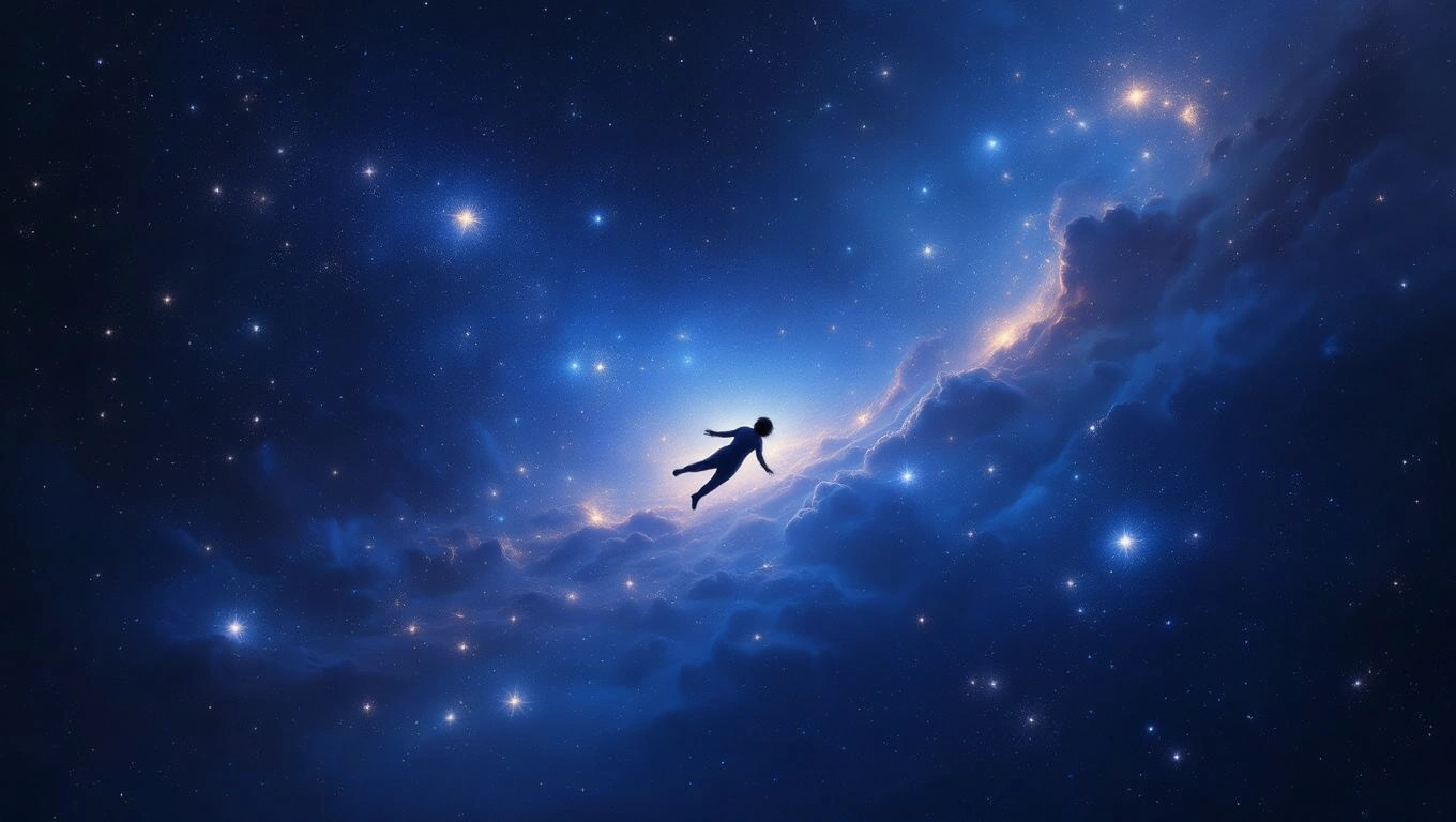 Eine silhouettehafte Figur schwebt im tiefblauen, sternenübersäten Raum.