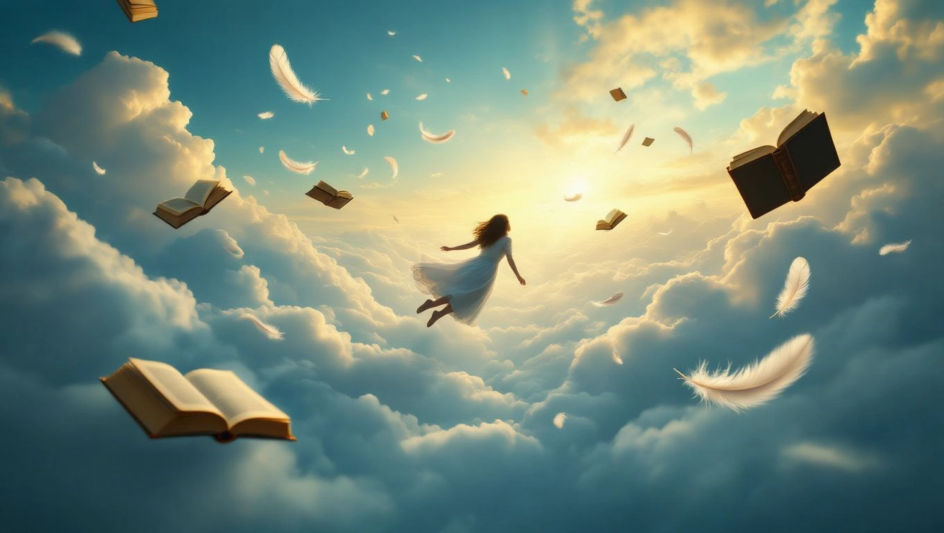 Ein Mädchen schwebt in einer traumhaften Wolkenlandschaft mit schwebenden Büchern und Federn.