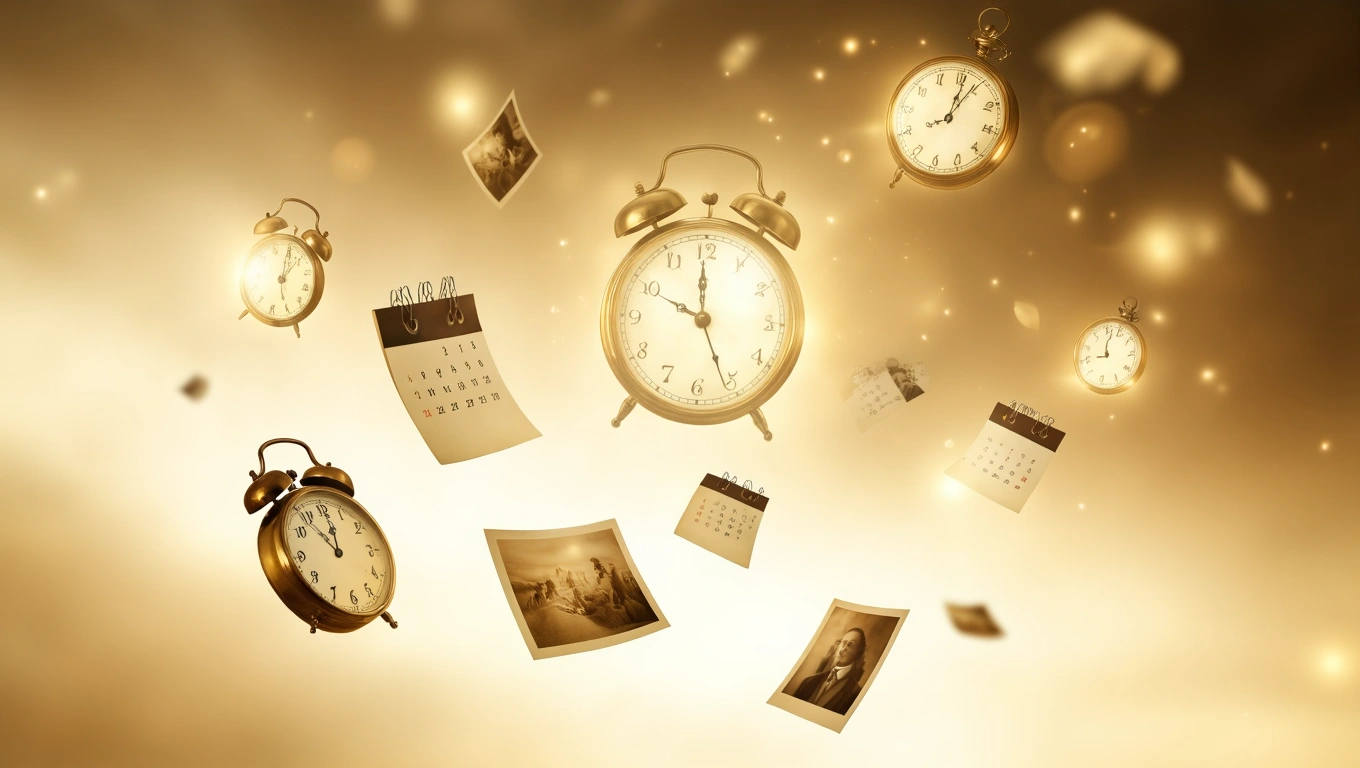Schwebende Uhren und Kalenderblätter symbolisieren Zeit und Erinnerungen.