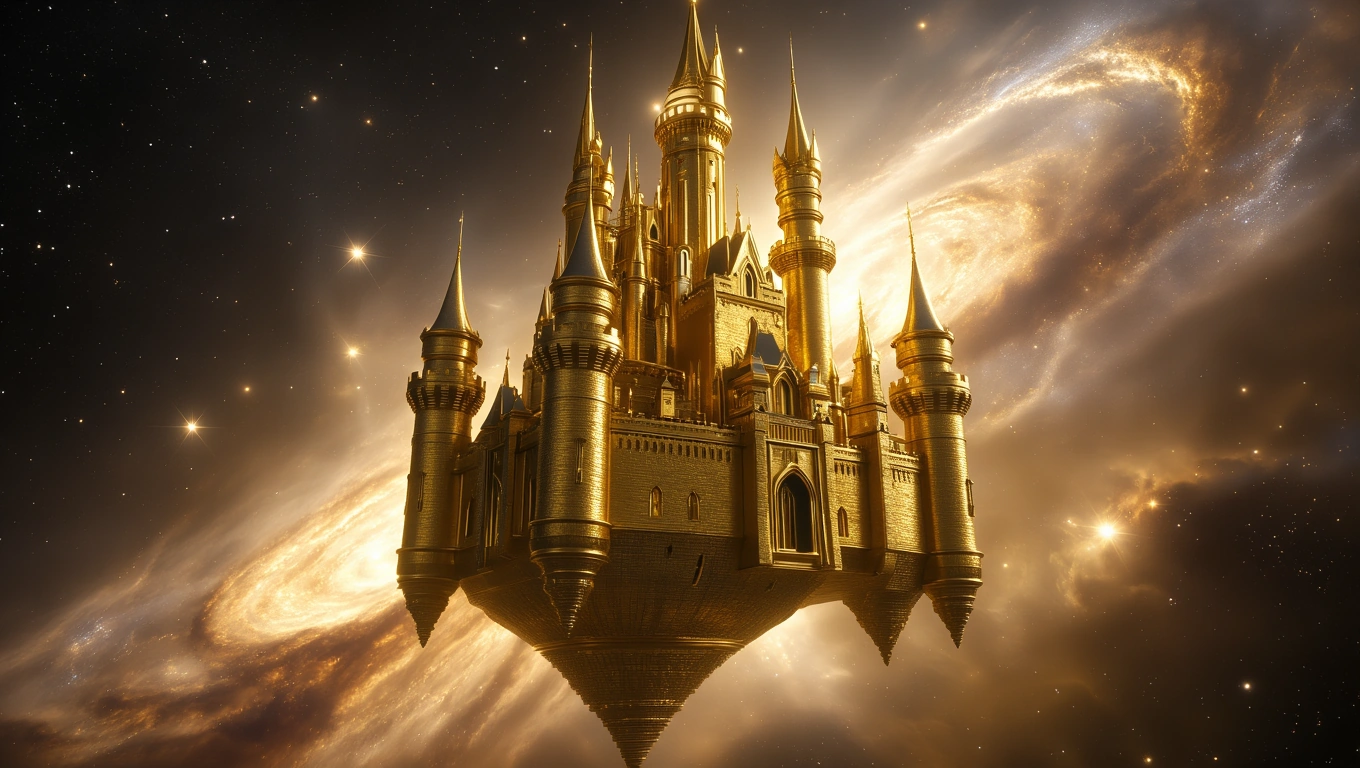 Ein majestätisches Schloss schwebt im Weltraum, umgeben von Sternen.
