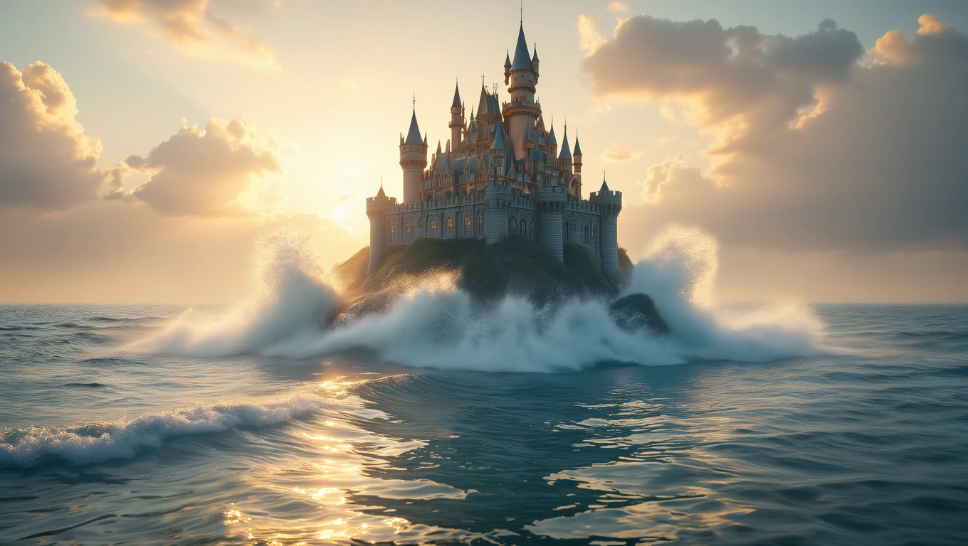 Ein majestätisches Schloss auf einer Insel, umgeben von sanften Wellen und Sonnenlicht.