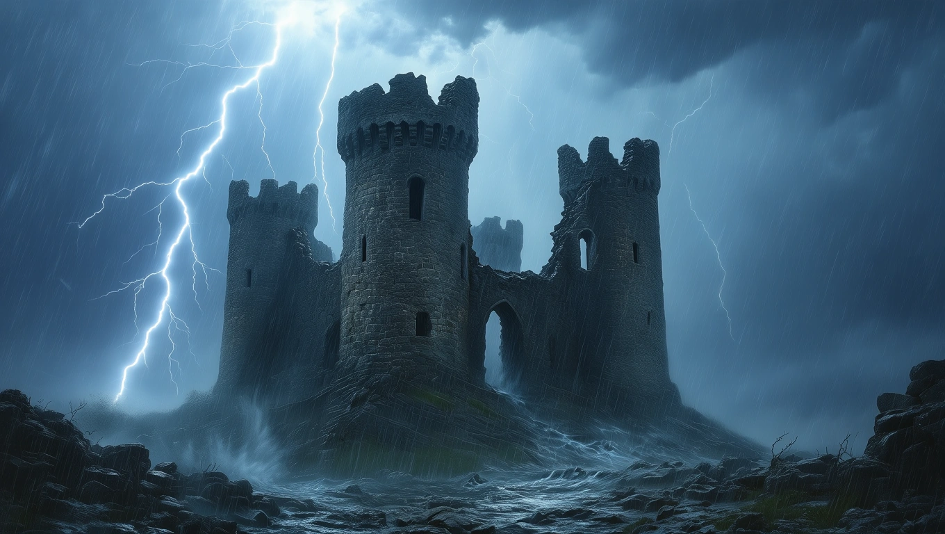 Ein düsteres Schloss unter einem stürmischen Himmel mit Blitzen.