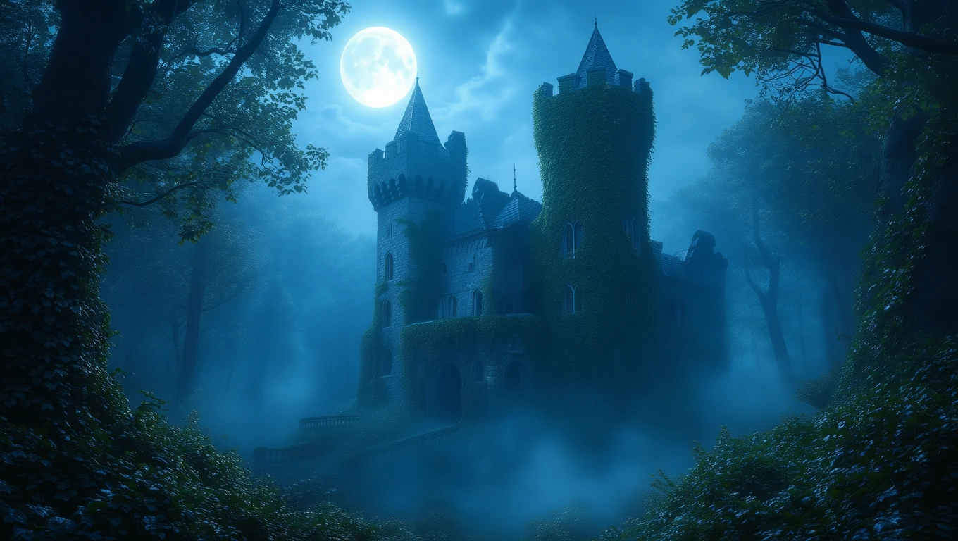 Ein geheimnisvolles Schloss umgeben von Nebel und Bäumen bei Nacht.