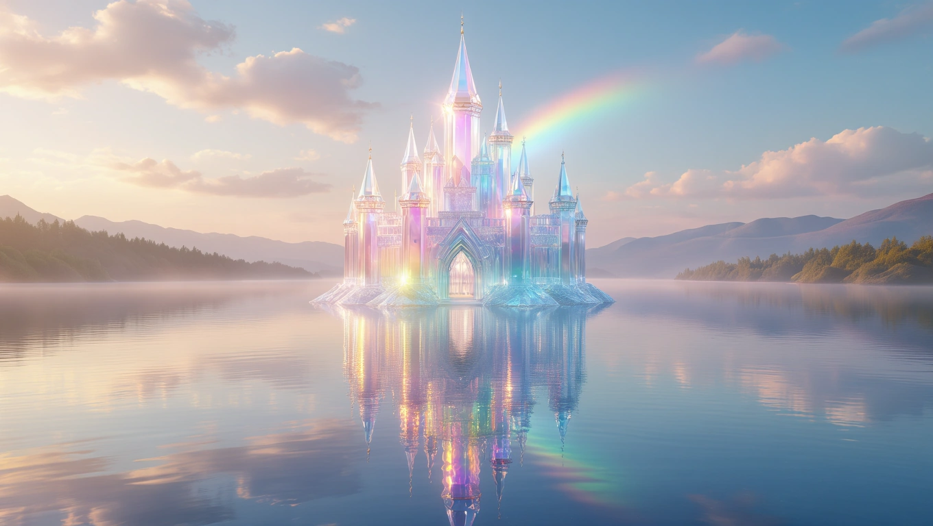 Ein schimmerndes Schloss mit Türmen spiegelt sich im ruhigen Wasser.