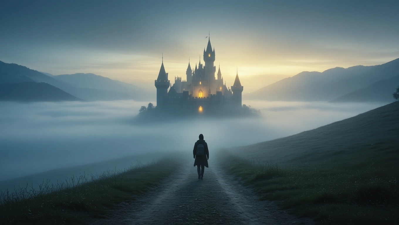 Eine mystische Burg erhebt sich aus dem Nebel, während eine Person darauf zugeht.