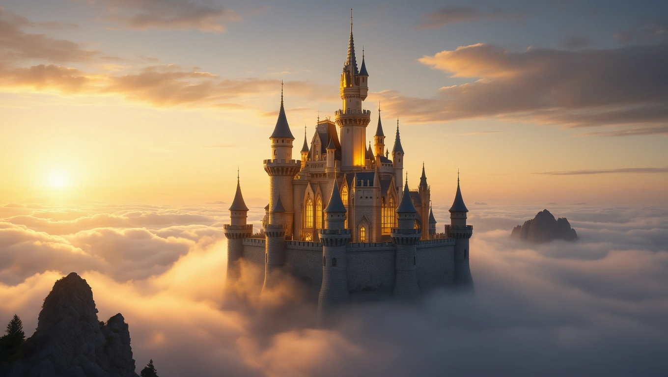 Ein majestätisches Schloss, umgeben von Wolken und Sonnenlicht, symbolisiert Träume und Wünsche.
