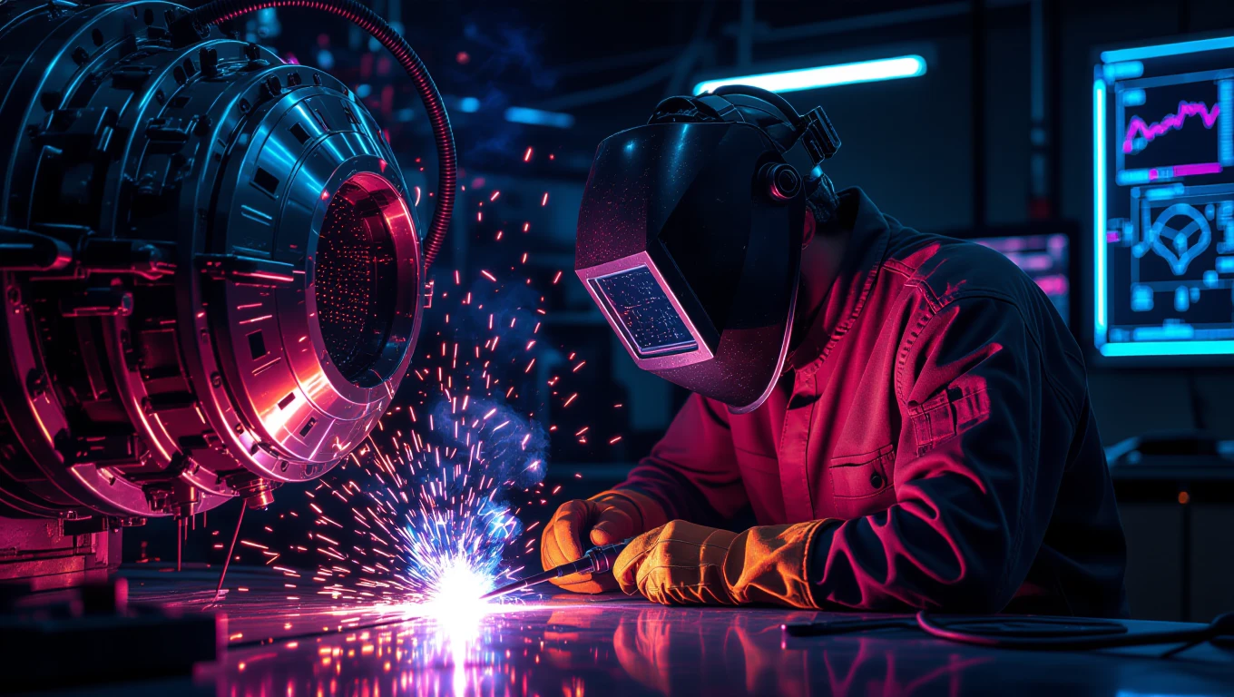 Ein Schweißer arbeitet konzentriert an einem metallischen Werkstück, Funken sprühen.