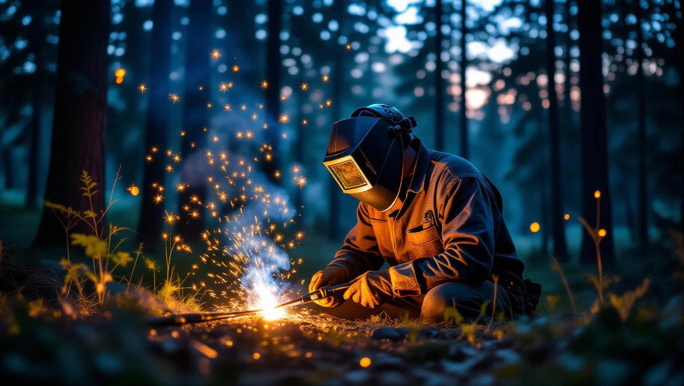 Ein Schweißer arbeitet in der Dämmerung, Funken sprühen in die Luft.