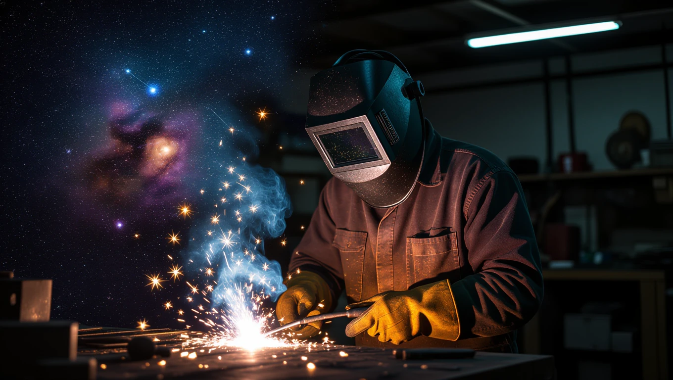 Ein Schweißer arbeitet konzentriert, Funken sprühen in einer dunklen Umgebung.