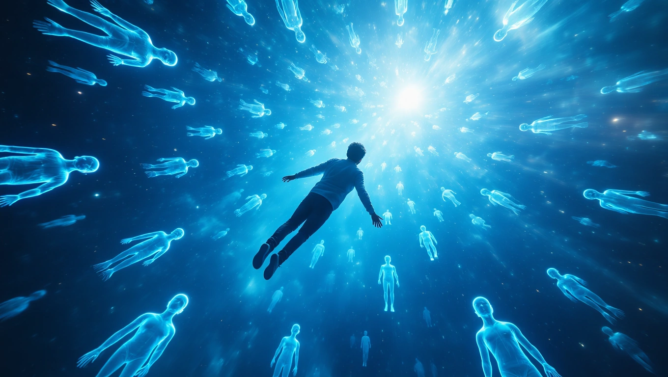 Eine Person schwebt in einem blauen Raum umgeben von transparenten Figuren, die Selbstreflexion symbolisieren.