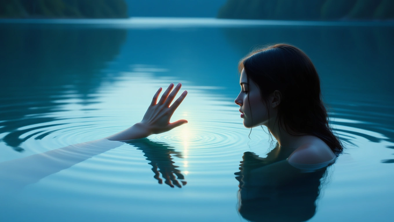 Eine nachdenkliche Frau berührt das Wasser, das ihre Reflexion zeigt.