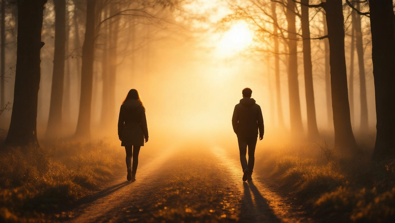 Zwei Personen gehen auf einem nebligen Waldweg in der Dämmerung.