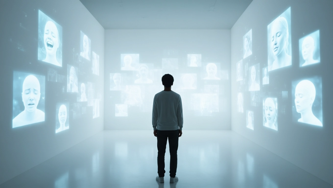 Eine Person steht vor leuchtenden Bildern von Gesichtern, die Emotionen zeigen.