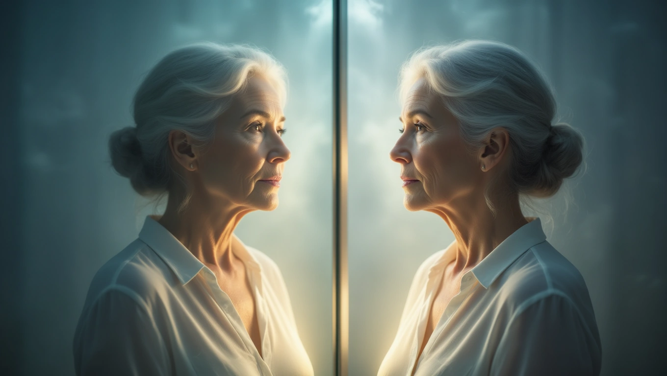 Eine ältere Frau betrachtet ihr Spiegelbild, was Selbstreflexion symbolisiert.