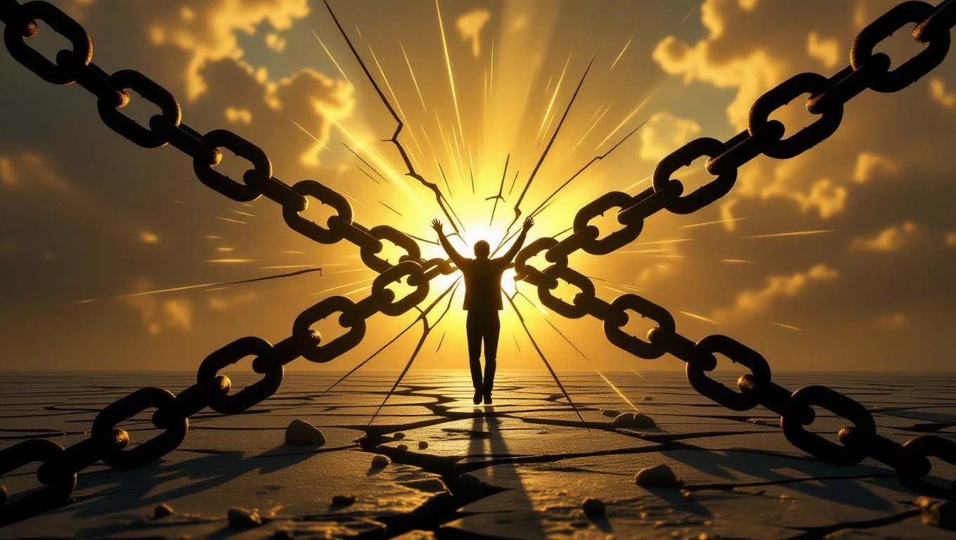 Eine Person bricht symbolisch Ketten in einem Sonnenuntergang, was Freiheit darstellt.