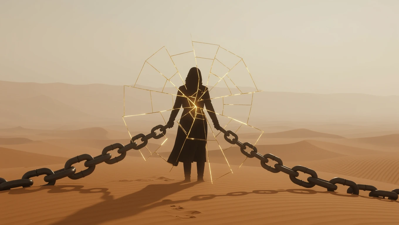 Eine silhouettierte Figur steht in der Wüste, umgeben von zerbrochenen Ketten.