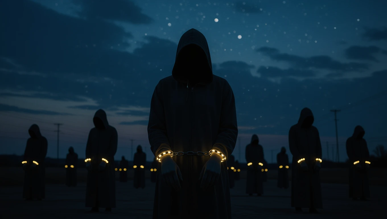 Dunkle Silhouetten von Menschen in Kapuzenmänteln mit Ketten.