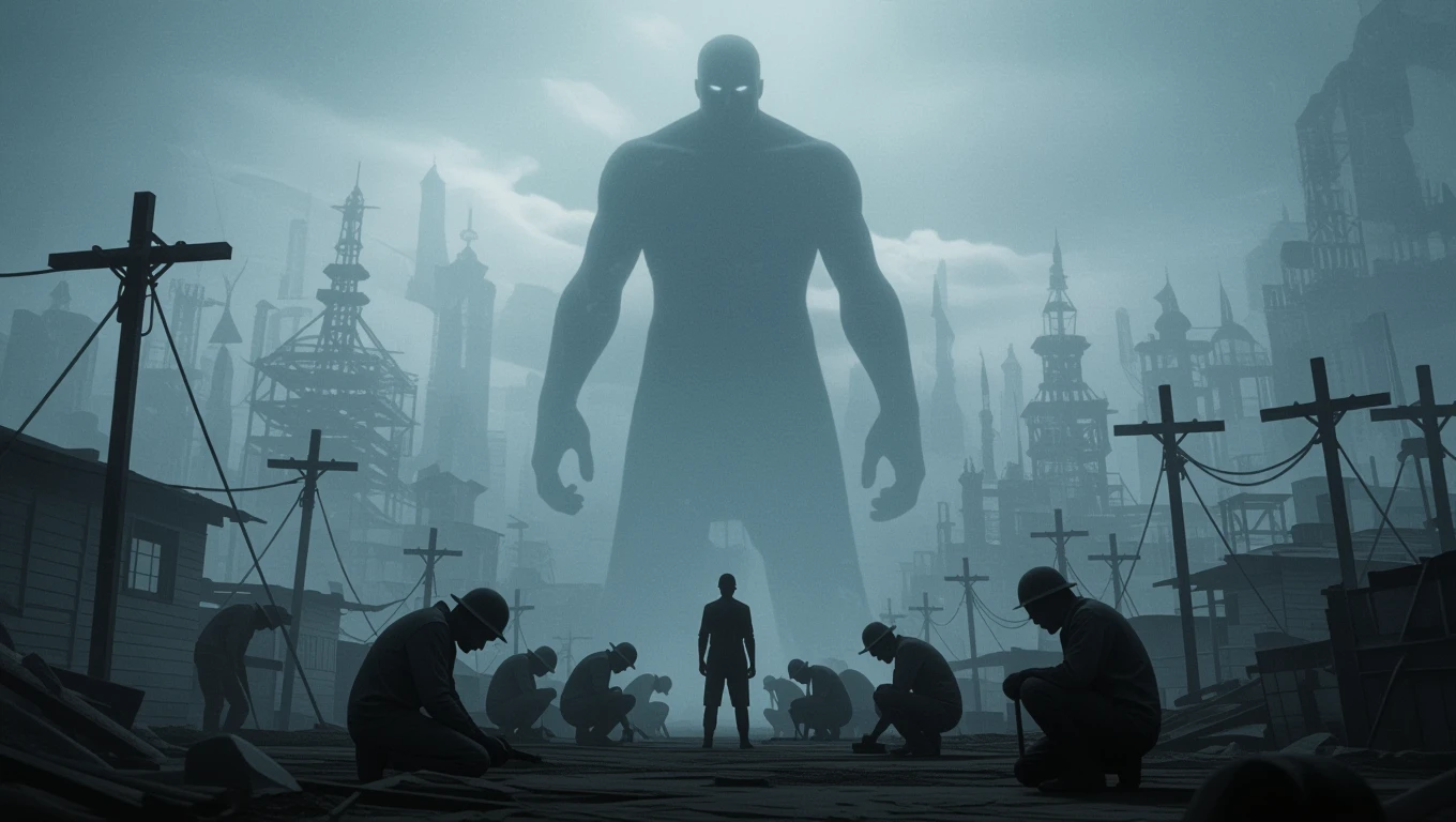 Eine düstere Szene mit einem übergroßen Schatten und Arbeitern in einer industriellen Umgebung.