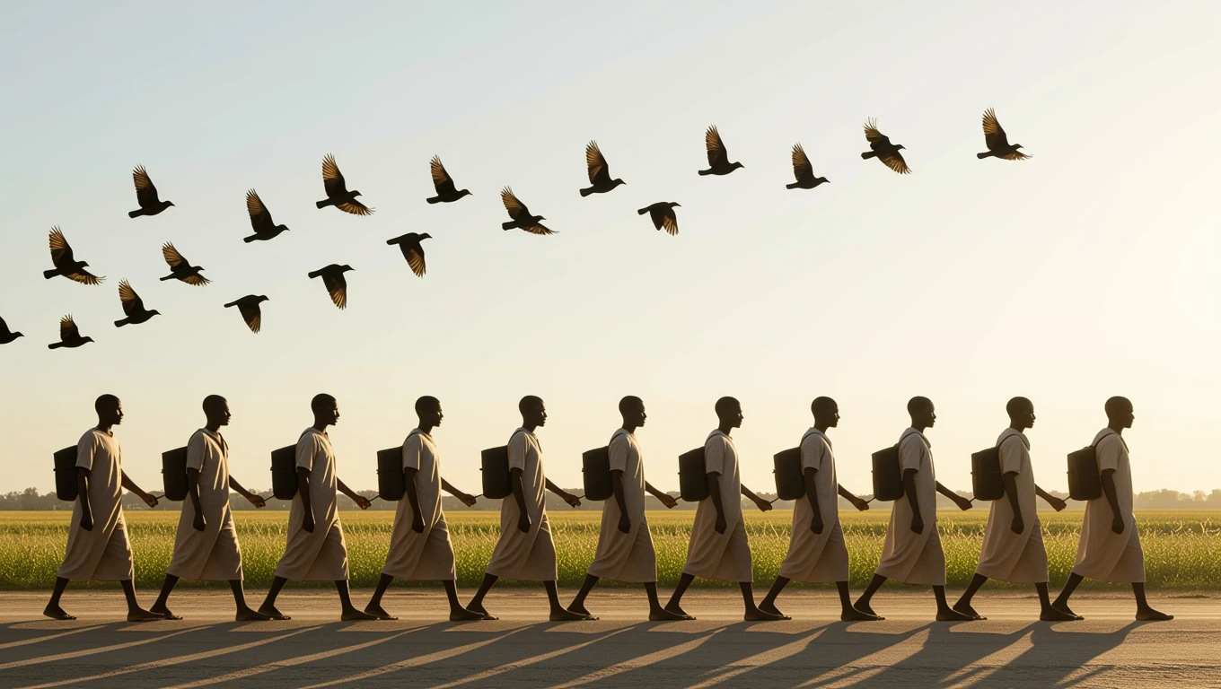 Eine Gruppe von Menschen in traditionellen Kleidern, die in einer Reihe gehen, während Vögel über ihnen fliegen.