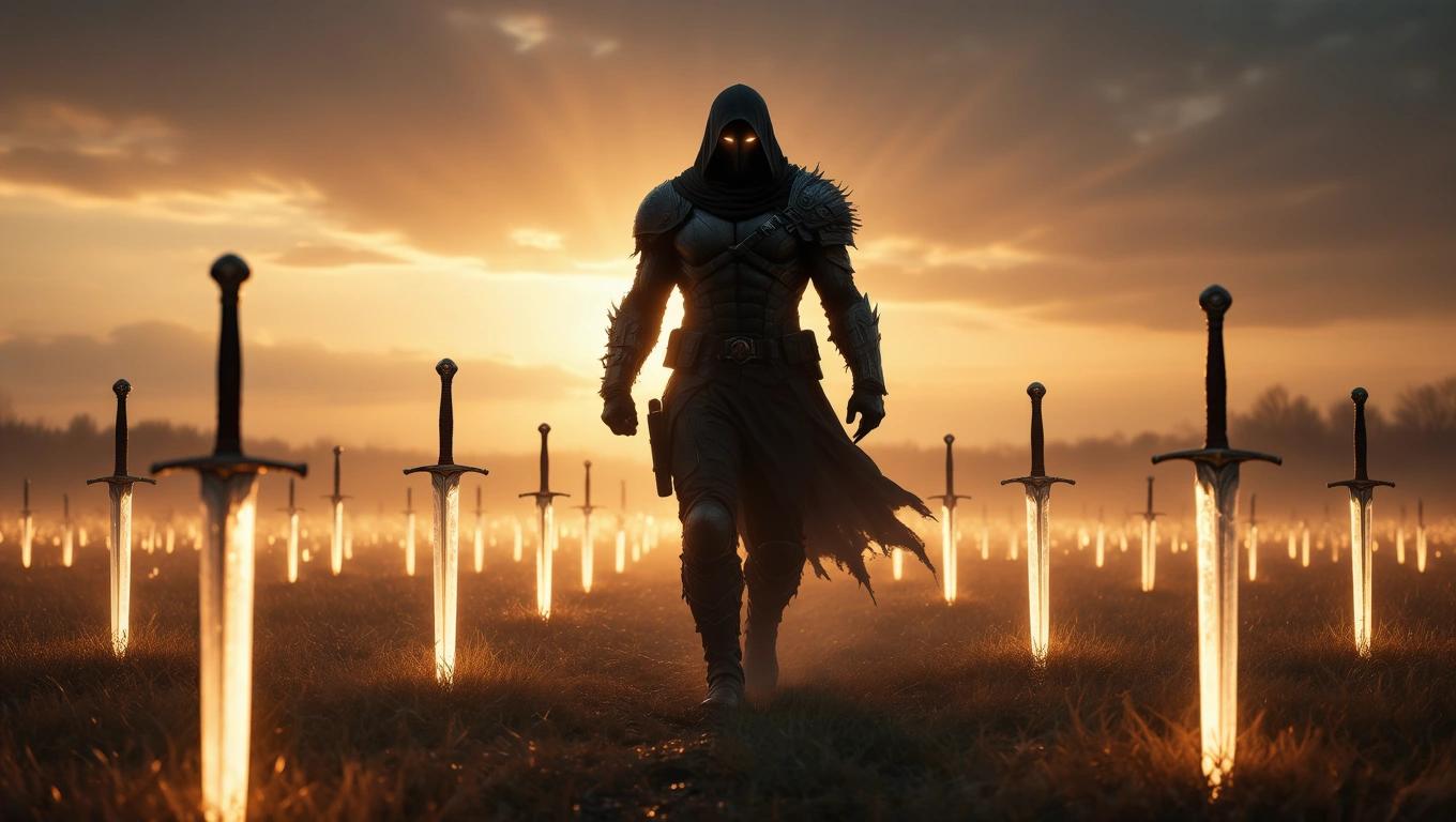 Ein mysteriöser Söldner schreitet durch ein Feld voller leuchtender Schwerter.