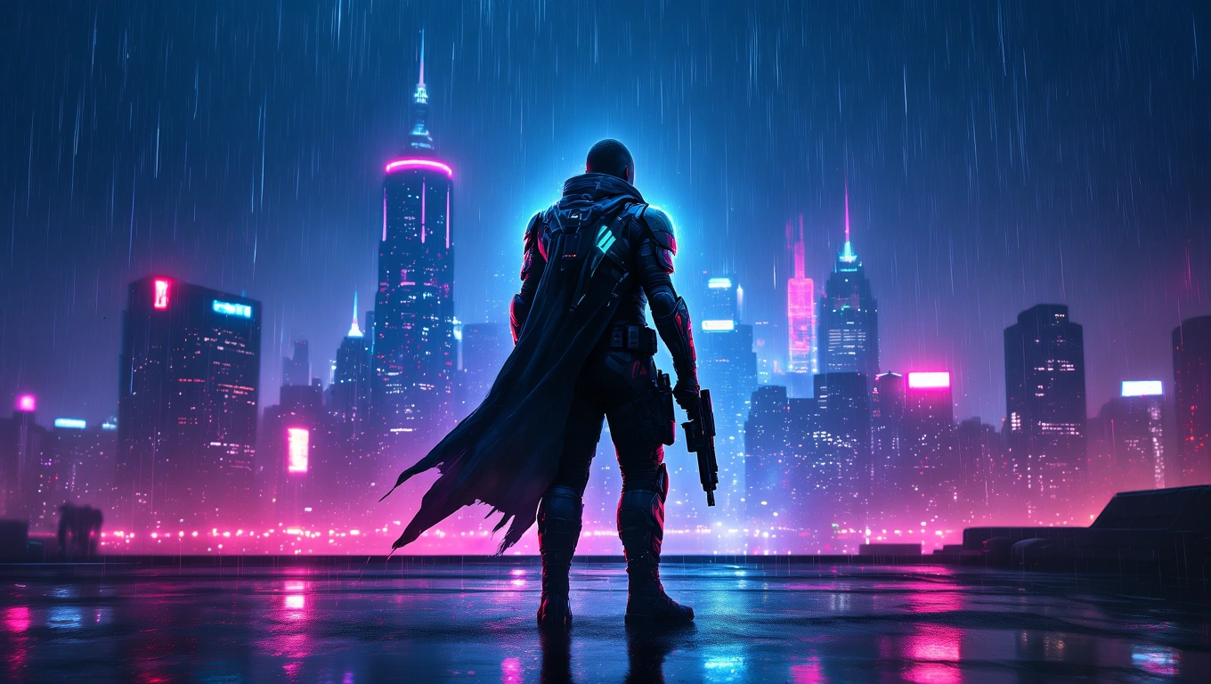 Ein mysteriöser Söldner steht vor einer neonbeleuchteten Stadtlandschaft im Regen.