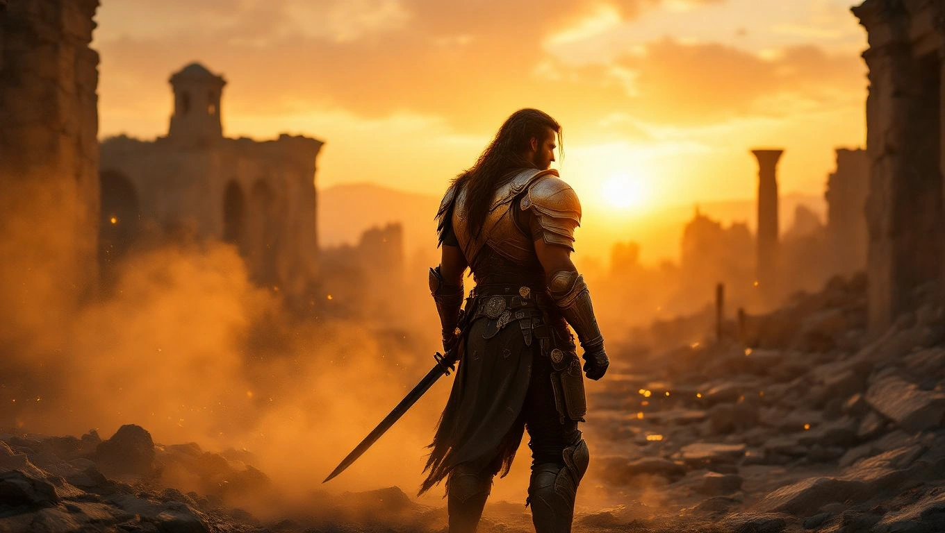 Ein Söldner in Rüstung steht vor einer untergehenden Sonne in einer Ruine.