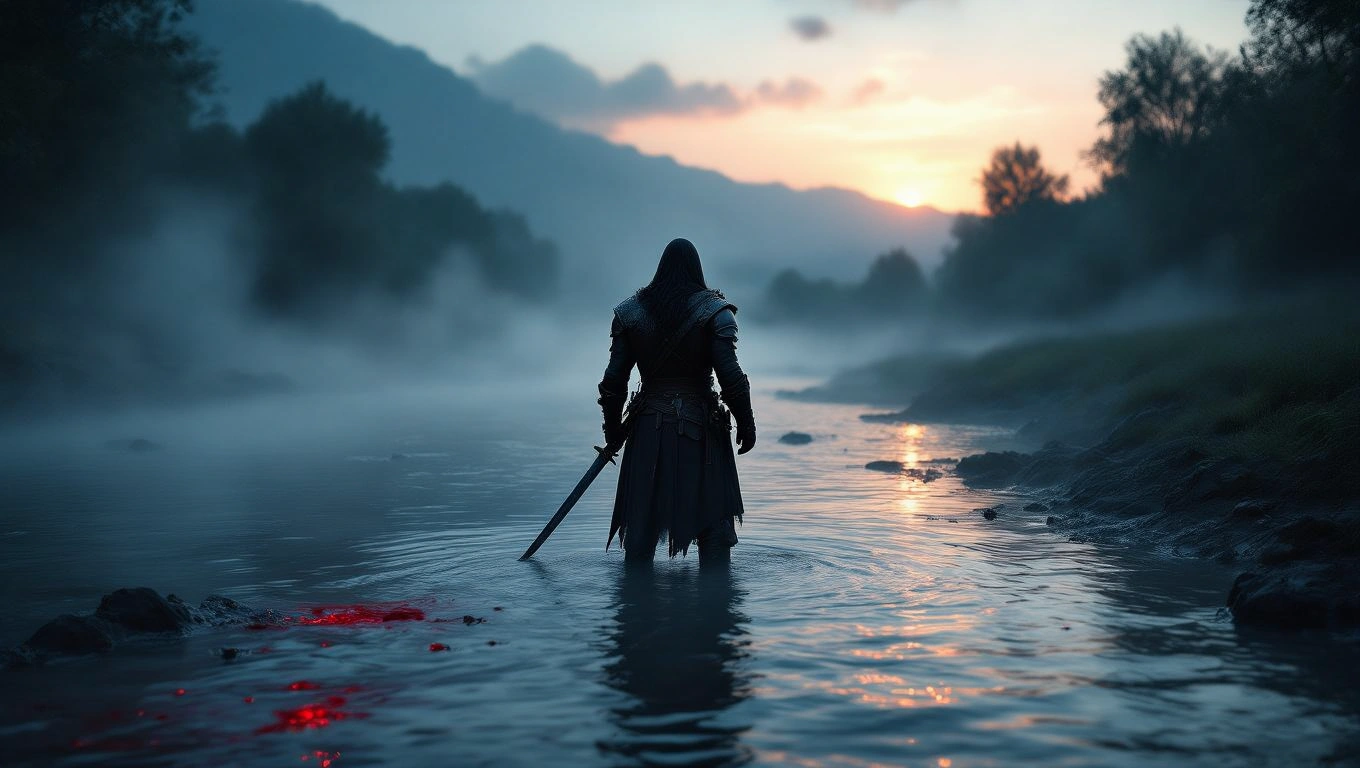 Ein mysteriöser Söldner steht im Wasser, umgeben von Nebel und Dämmerlicht.