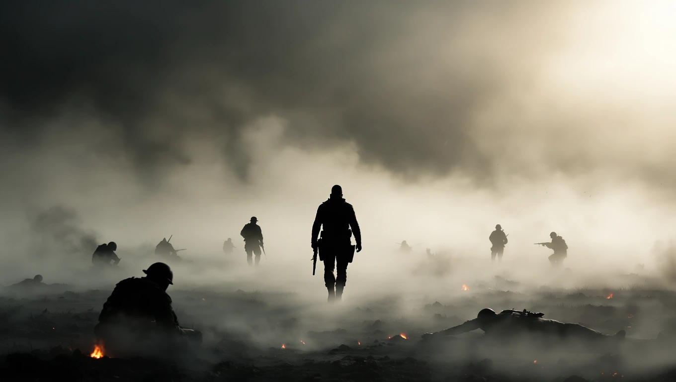 Ein Söldner steht in einem nebligen, kriegerischen Umfeld, umgeben von anderen Soldaten.