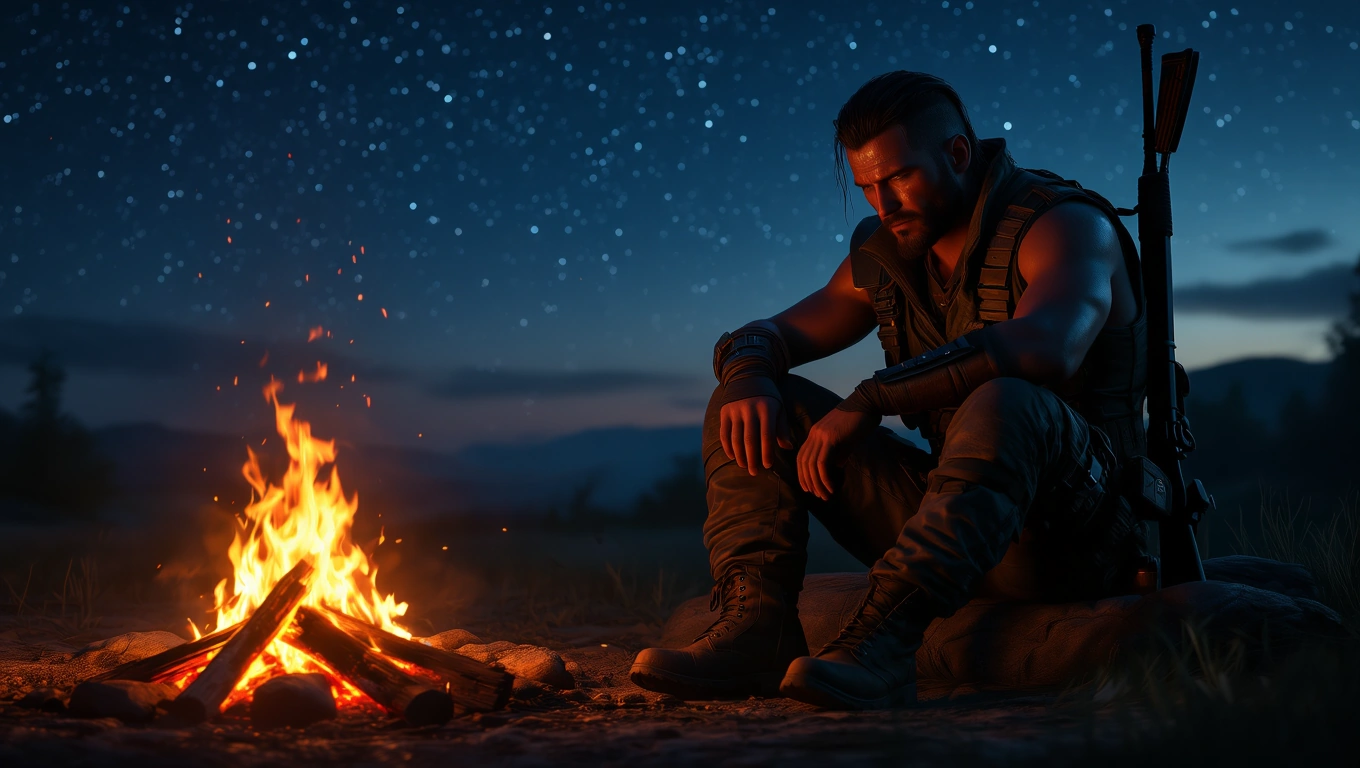 Ein nachdenklicher Söldner sitzt am Lagerfeuer unter einem sternenklaren Himmel.