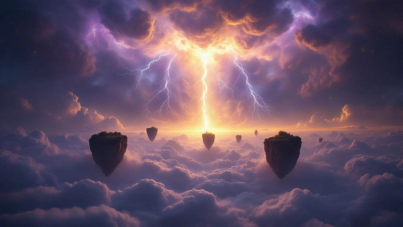 Ein dramatischer Sturm mit Blitzen über schwebenden Inseln in den Wolken.